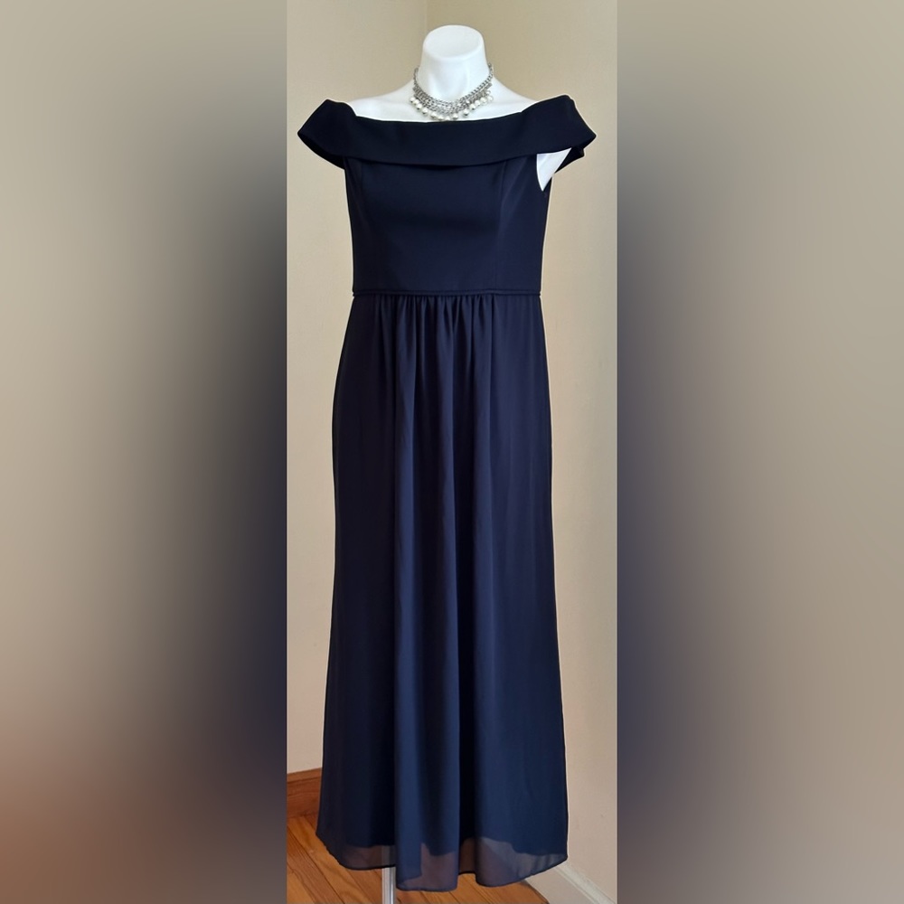 Adrianna Papell Navy Blue Off-the-shoulder neckline gauzy chiffon skirt …